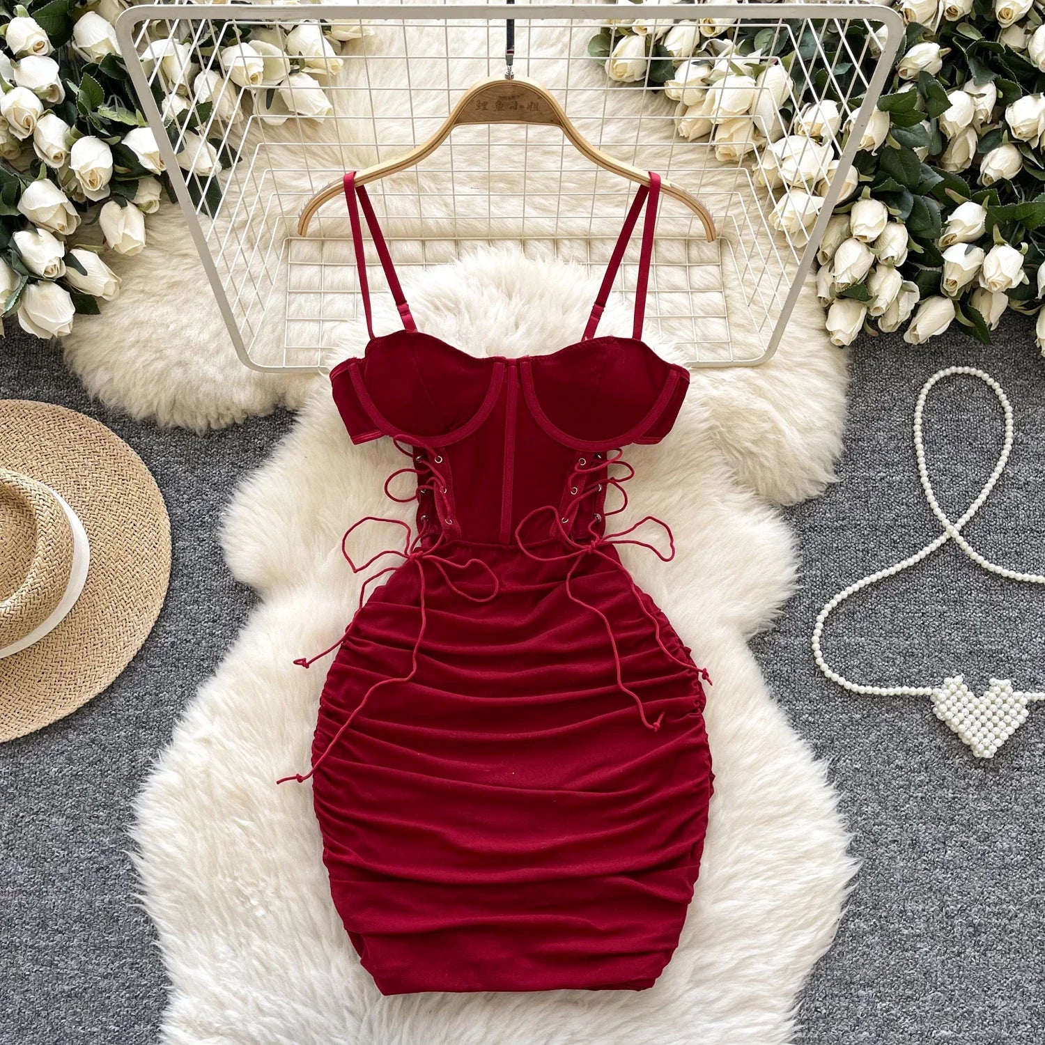 Foamlina Ins Sexy Hollow Out Sling Dress with Exposed Waist Bandage Pleated Slim Fit Bodyocn Girl's Photo Date Short Dress