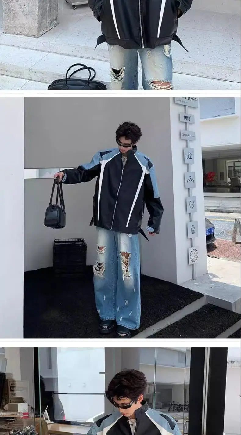 American Retro Motorcycle Jacket Men Women's High Street Spring Autumn Contrasting Color Splicing Design Handsome Bomber Coat