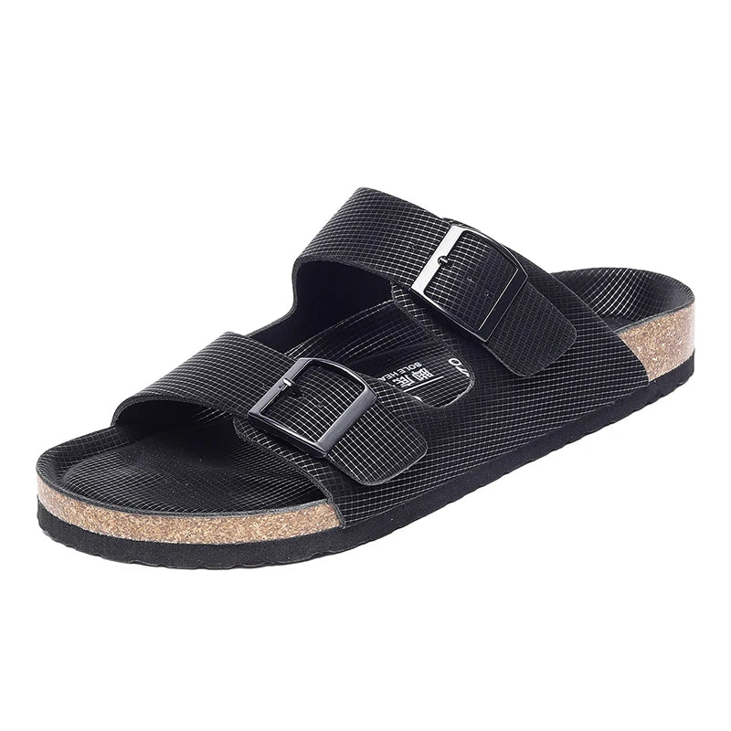 Summer Men Women Cork Slippers Clogs Microfiber Leather Slides Casual Slip On Sandal Double Buckle
