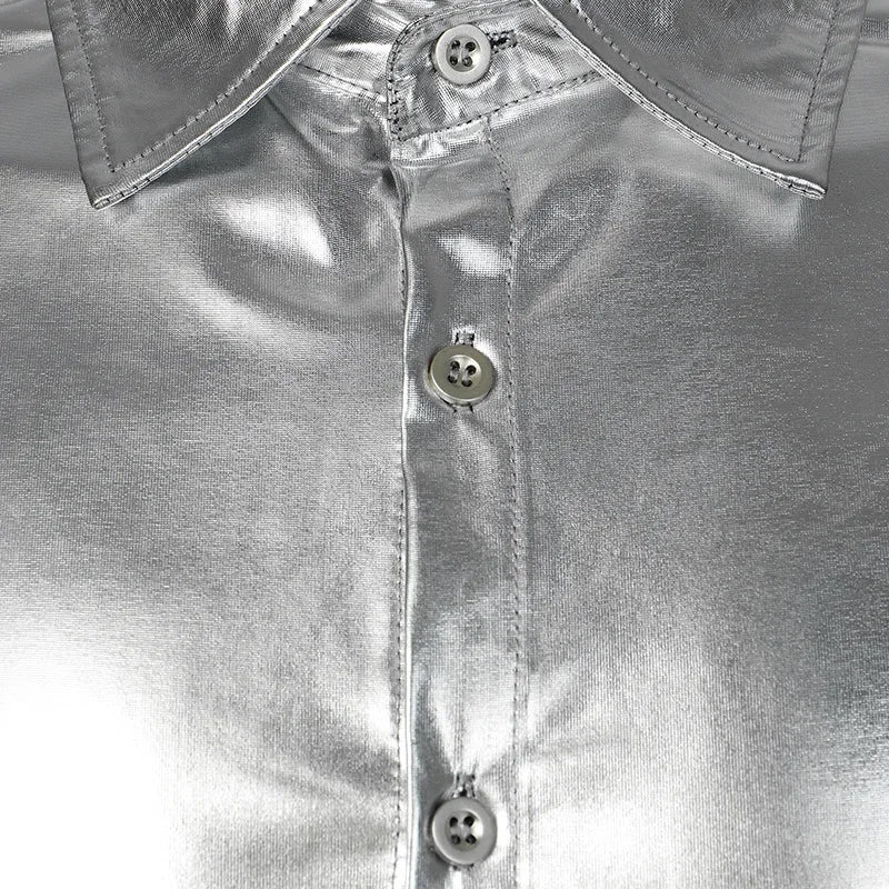 Men's Retro Gold Glossy Shirt American Casual Fashion Performance Shirts Solid Color Gorgeous Nightclub Male Shiny Tops