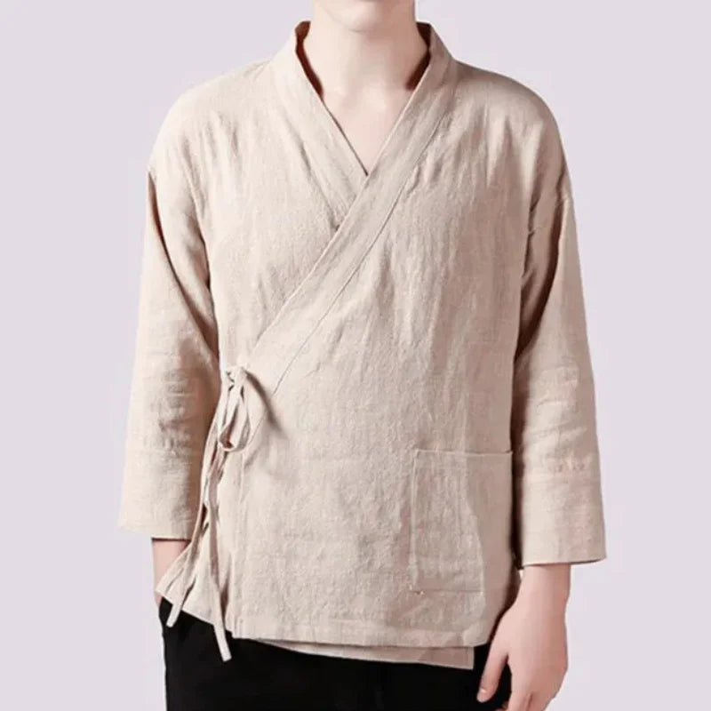 Men's Linen Vest Men's Shirt Long Sleeved Chinese Official Collar Traditional Kung Fu Tang Casual Social Shirt Plus Size Shirt