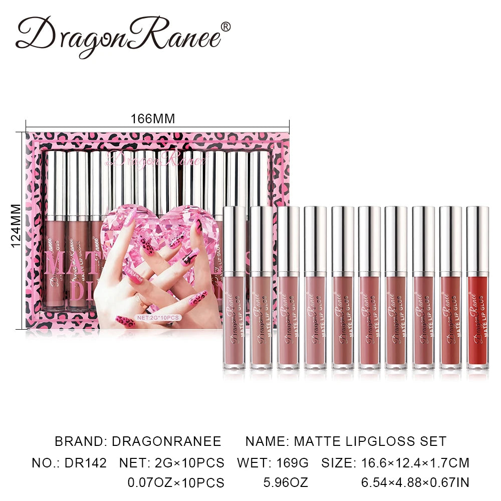 Lip Gloss Set of Ten in a Box, Velvet Soft Matte, Brightening, Versatile, Moisturizing Lipstick, Nude Color, Long-Lasting, Non-Stick, Non-Fading Lip Gloss