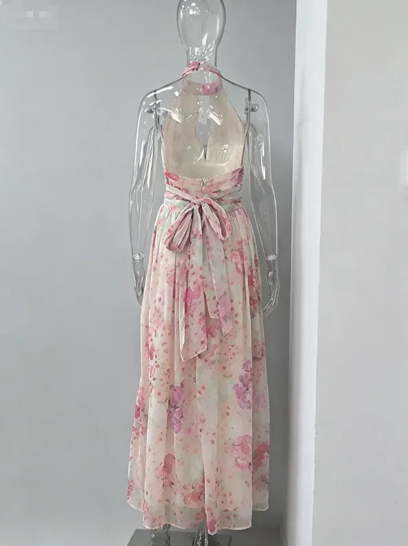 Floral Print Halter Maxi Dress Women Spring V Neck A Line Vacation Vestidos Backless Sleeveless Robes 2026 NEW Lady Long Dresses