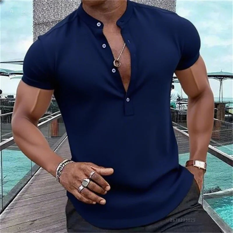 Men's Short-Sleeved Casual Shirt Hawaiian Style Shirt Solid Black Shirt Stand Collar Design Suitable for Beach Vacation XS-5XL