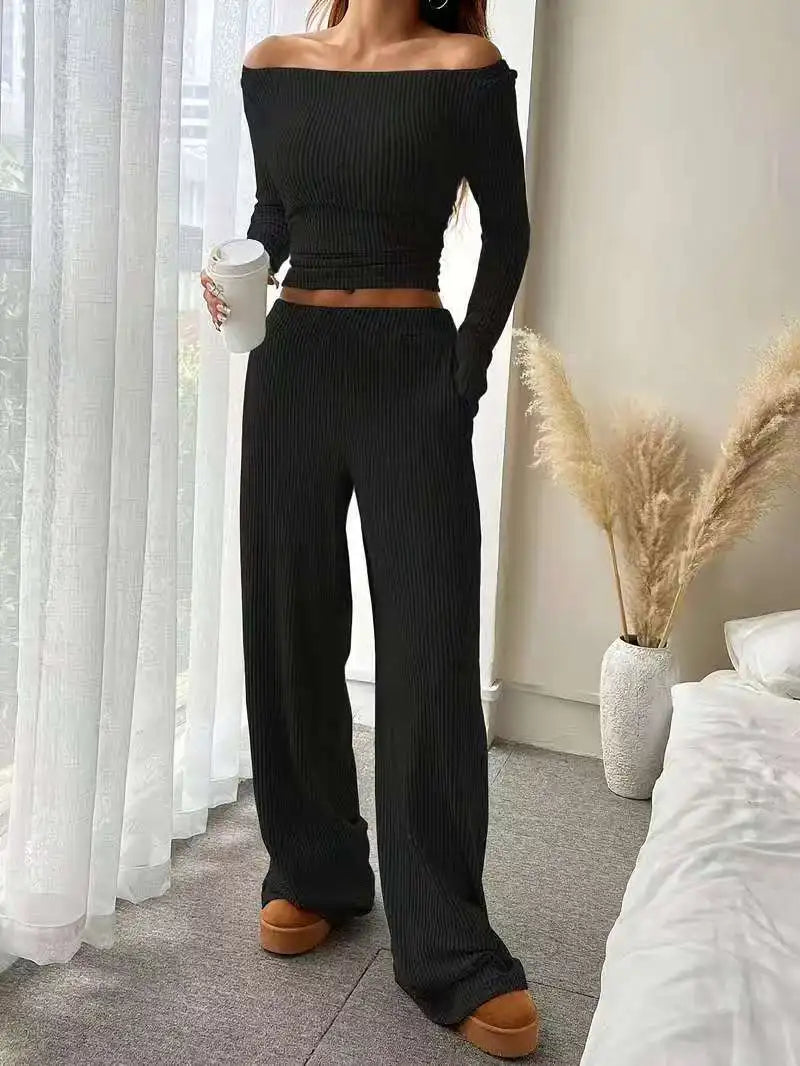 Off Shoulder Ribbed Two Piece Outfit Women Long Sleeve Crop Top Wide Leg Pants Set
