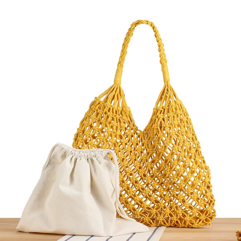 Hollow Crochet Mesh Woven Shoulder Bag With Inner Pocket,Women Solid Color Handbag,Summer Work Beach Vacation Commuting Tote Bag