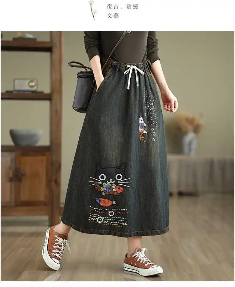 2026 Women's Denim Skirts Retro Cartoon Animal Embroidery Casual Half Skirts Spring Summer High Waist Fashion Loose Midi Skirts