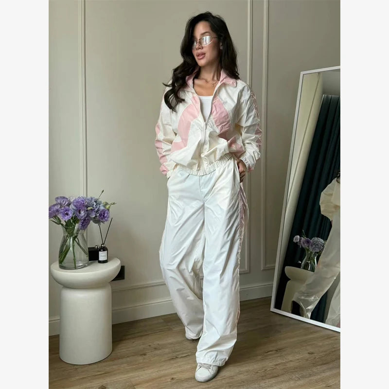 Lady'snavy Chevron Stripe Windbreaker Tracksuit Zip Cropped Jacket Contrast Trim Shorts 2026 Casual Sport Daily Jogging Street
