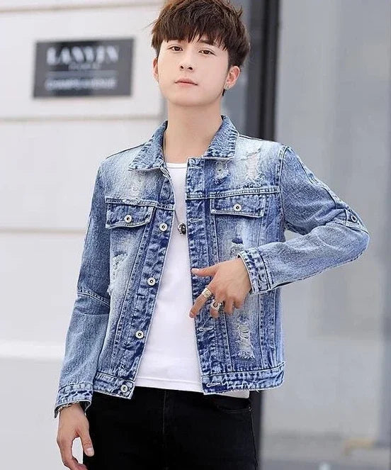 Ripped Button Men's Denim Jacket Washed Branded of Fabric Trendy Casual Original Aesthetic Fashion Male Jean Coats Fast Delvery