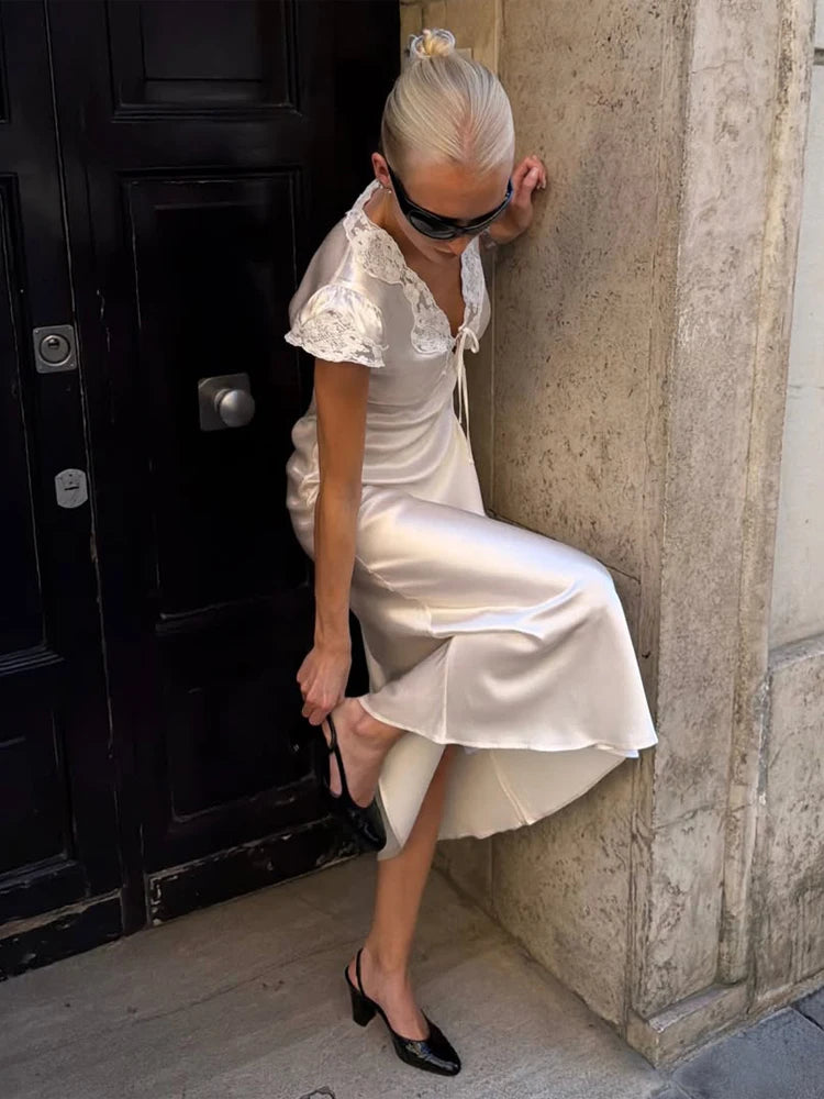 Women Elegant Satin Lace Trim Midi Dress Solid Lace Patchwork Short Sleeve V-neck Summer Dresses 2026 Summer New Holiday Robes