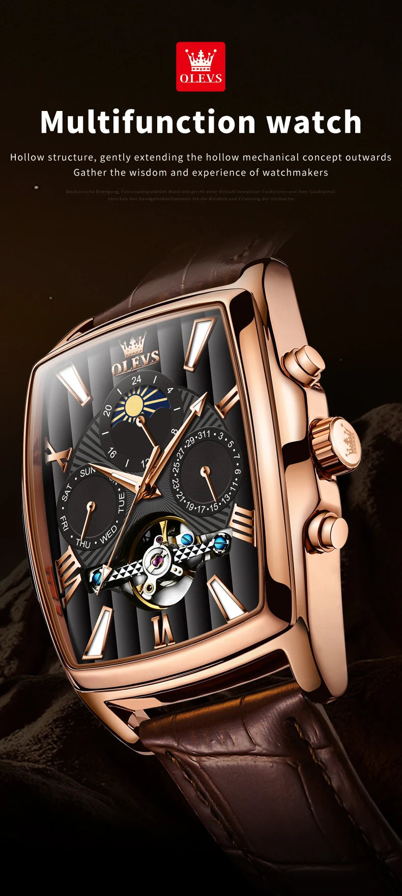 OLEVS 6675 Mens Watch Flywheel Multifunctional Chronograph Mechanical Watch Leather Strap Square Watches For Man High Quality