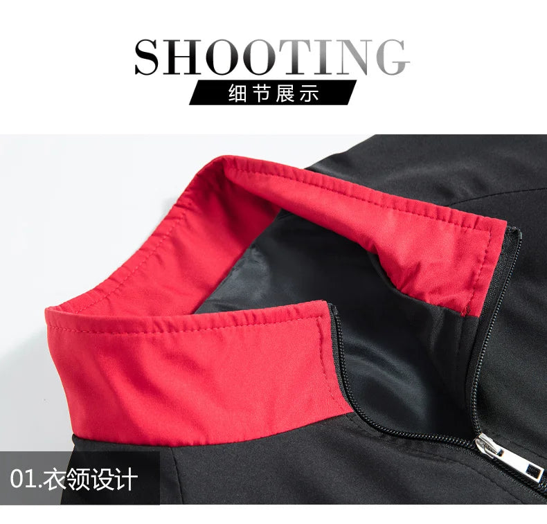 Men's Black Red Color Block Stand Collar Jacket Letter Print Zip Up Casual Streetwear Outerwear