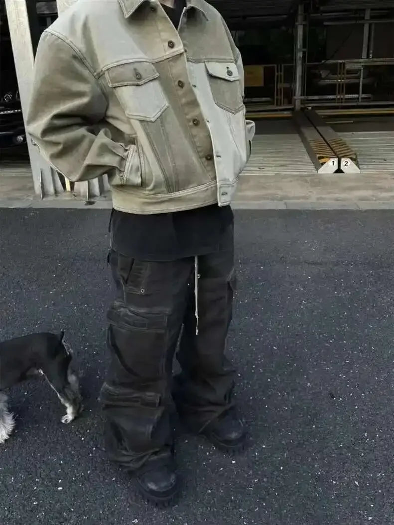 High Street Drawstring Zipper Sliced Wide Leg Cargo Pants Msn's Casual Loose Straight Trousers Loose Denim Pants