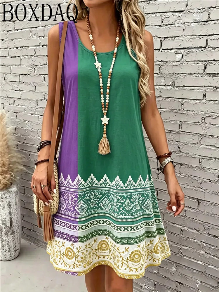Women's New Summer Round Neck Sleeveless Loose A-Line Flower Multi-Color Printed Fashionable and Elegant Party Dress