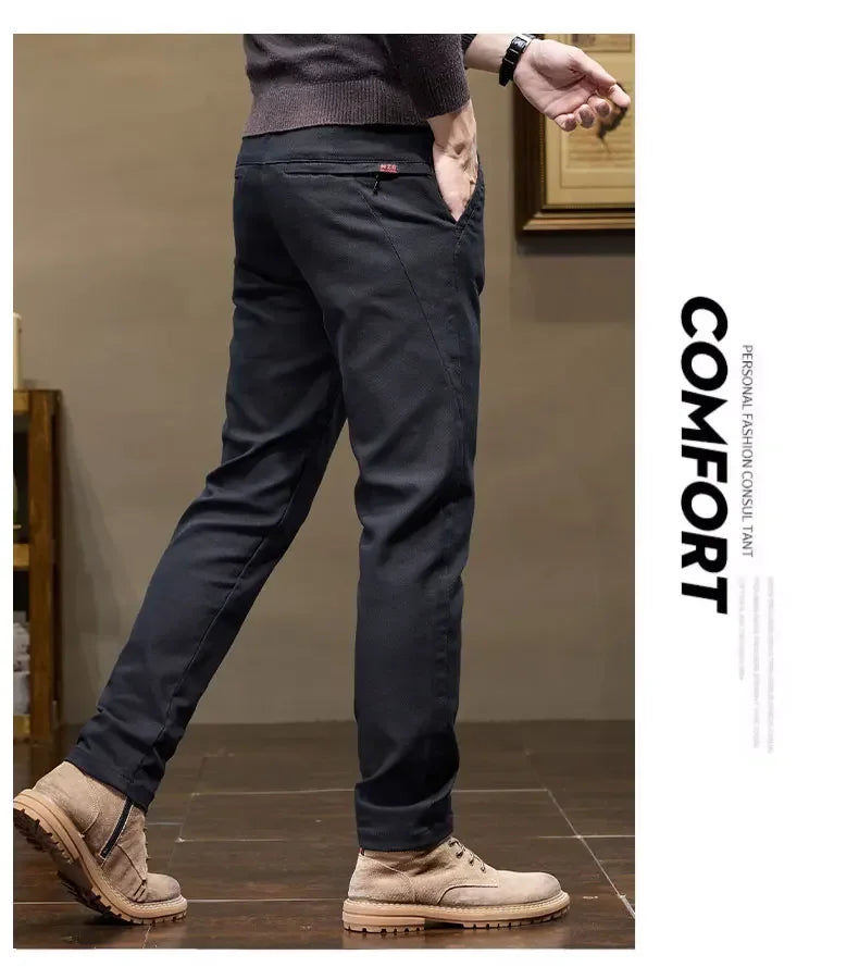 Korean Fashion Fleece Men's Casual Pants Slim Straight Youth Warm Trousers Thickened Thermal Stretch Male Clothes Trendy Brand