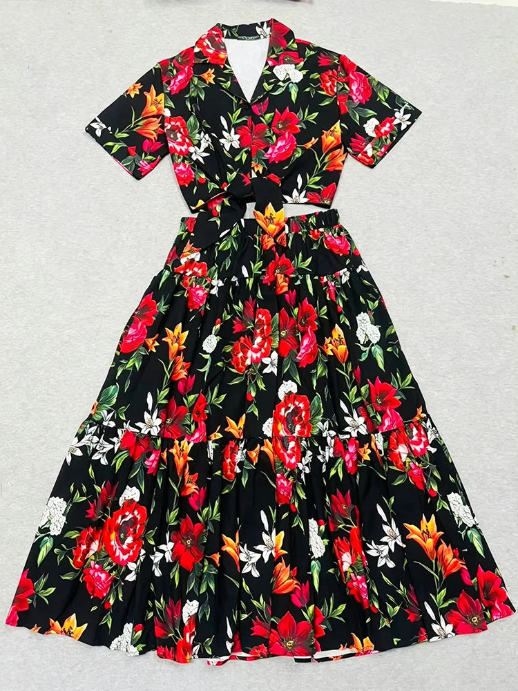 Retro Summer Women's New Two-Piece Lapel Single-Breasted Hem with Strapless Short Shirt + Elastic Waist A-Shaped Fashion Suit