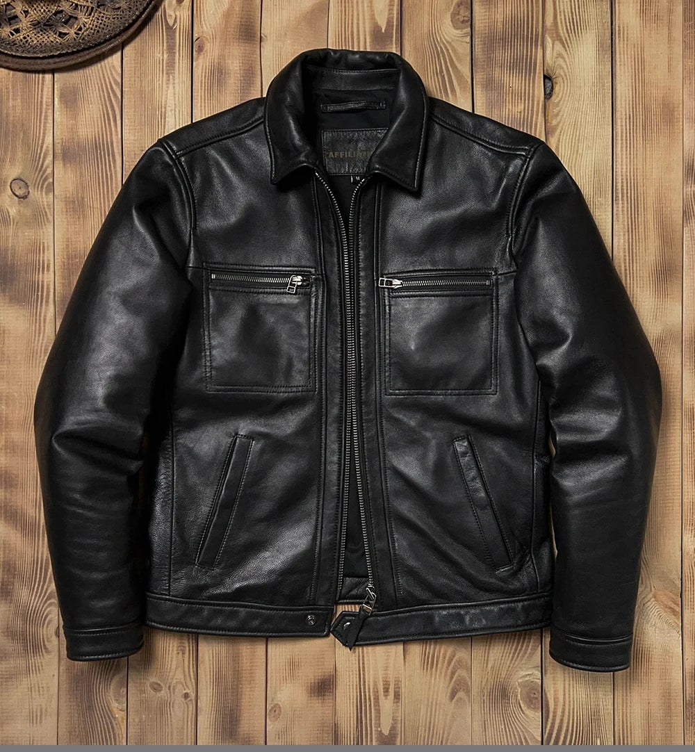 Black Autumn Leather Jacket Men Smart Casual Style Plus Size 5XL Genuine Natural Sheepskin Turn-Down Collar Leather Coat