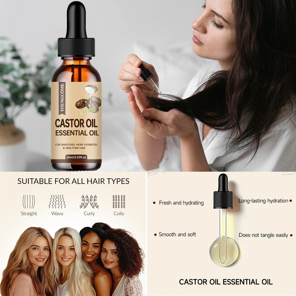 YOUNGCOME Castor Oil Hair Care Set: 3.38oz Shampoo, 3.38oz Shower Gel, 2.03oz Essential Oil, 2.12oz Hair Mask for Hair