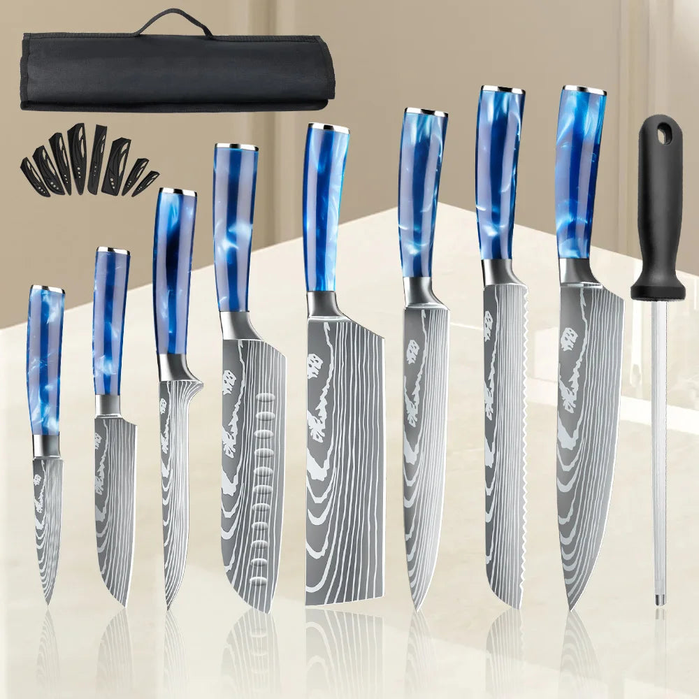 8PCS Utility Kitchen Knifes Resin Handle Carbon Steel Chef Knives Meat Cleaver Fruit Vegetable Slicing  Knife Cooking Tool