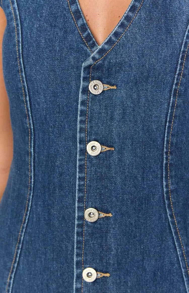 Women's Retro Spicy Girl Design Sleeveless Denim Dress Spring Summer Washed Denim Short Skirt High Waist V-neck Dress for Women