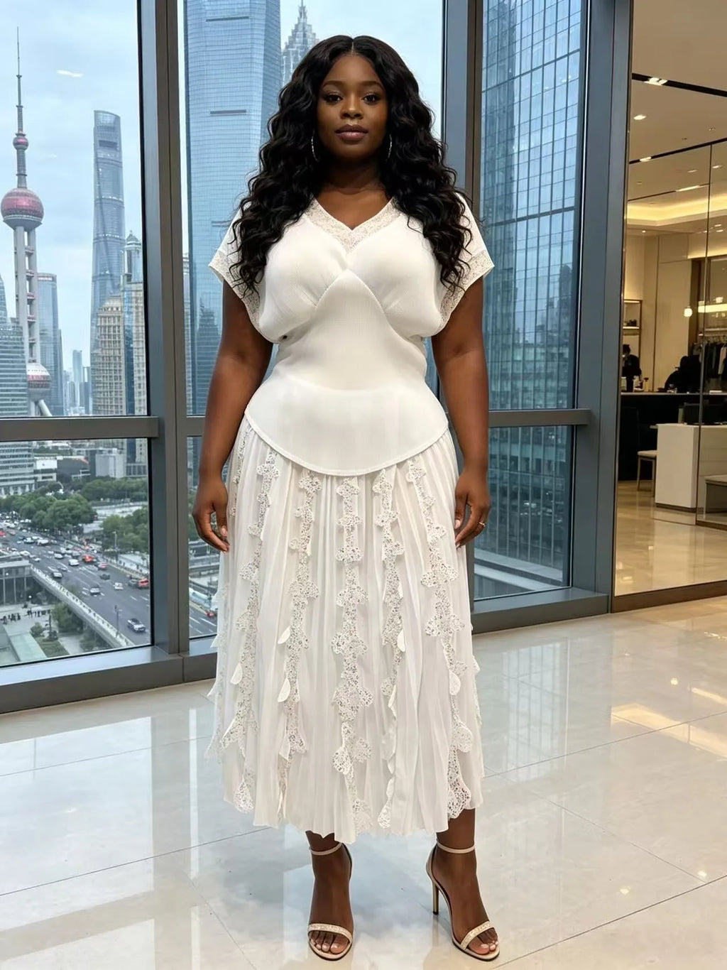 2026 Spring and Summer Retro High Waist and Thin Bronzing Suit  V-neck Bat Sleeve Versatile T-shirt Skirt Two-piece Suit Women