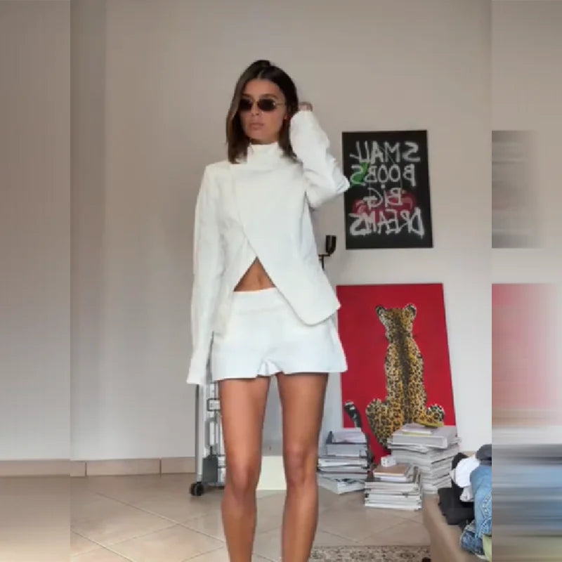 2026 New Women's 2 Piece Set High Neck Long Sleeve Twisted Cut Out Top + Shorts Suit Elegant Casual Office Streetwear Outfit