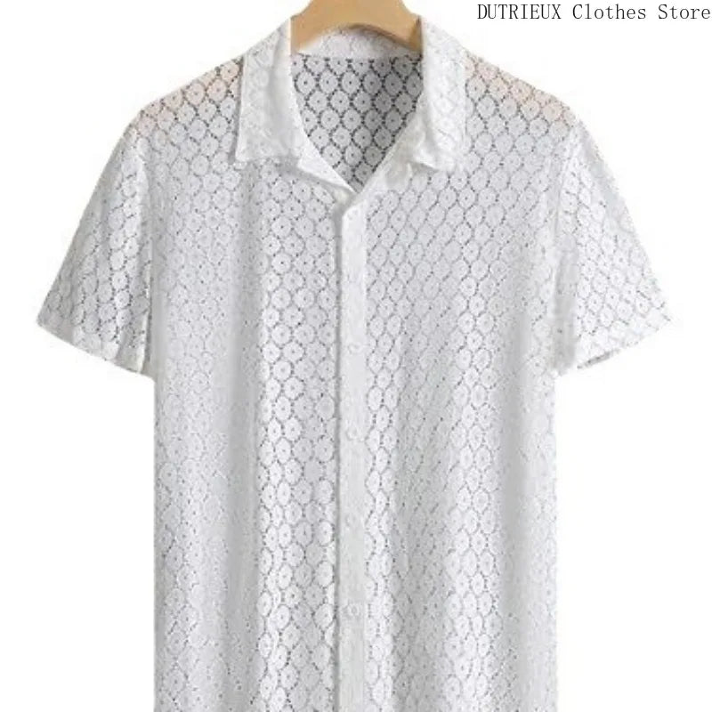 Spring/Summer Men's Fashion Lace Short-sleeved Shirt Party Club Sexy Hollowed-out See-through Shirt Casual Street Men's Clothing