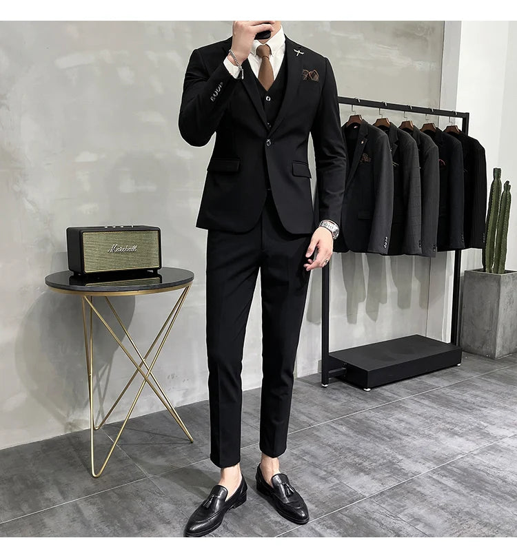 Blazer Vest Pants Men's Navy Blue Suit Set Slim Fit Blazer Vest Pants Formal Outfit for Business Wedding Office Groom Party