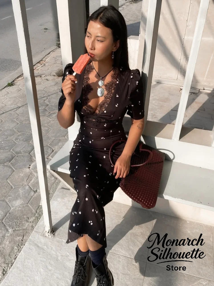Satin Lace Patchwork Print Dress Women Black V-neck Short Sleeves High Waist Long Dresses Lady Hollow Out Daily Party Vestidos