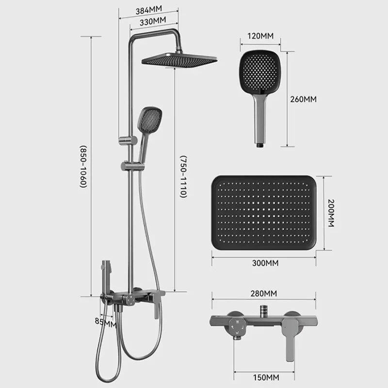 Household Bathroom Gray Pressure Shower Set Hotel Bathtub Faucet MultiFunction Hot and Cold Water Boosting Shower System Set