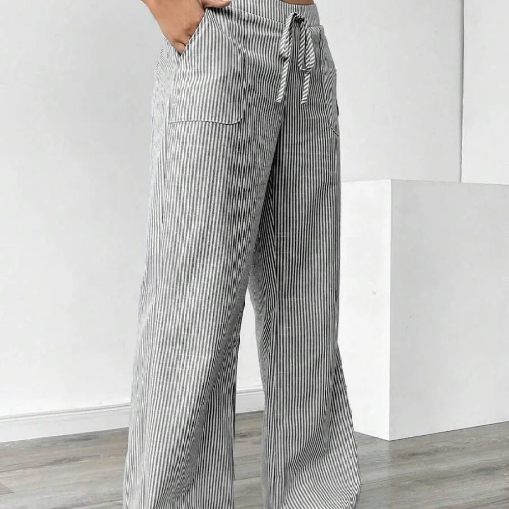 Autumn Women Striped Wide Leg Pants Casual Loose Fit Trousers Streetwear Trendy Fashion Comfortable Elastic Mid Waist Bottoms