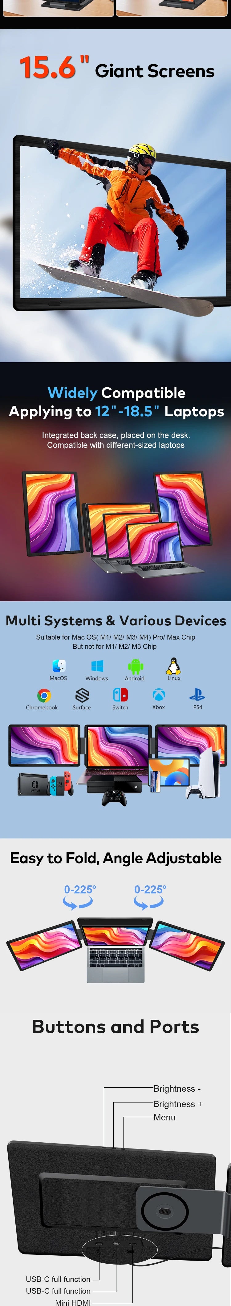 2026 Hot Horizontal and Vertical Detachable Screen Portable Monitor Display Compatible with 12-18.5 Inch  USB 3.1  Laptop
