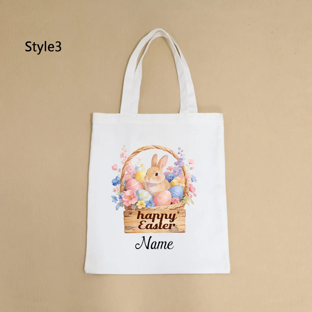 Custom Easter Tote Bag With Bunny And Floral Design, Personalized Name Shoulder Handbag For Spring Celebrations,