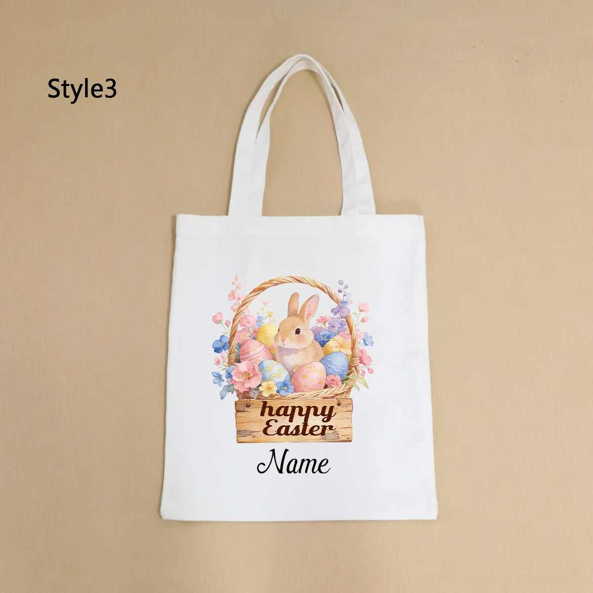 Custom Easter Tote Bag With Bunny And Floral Design, Personalized Name Shoulder Handbag For Spring Celebrations,