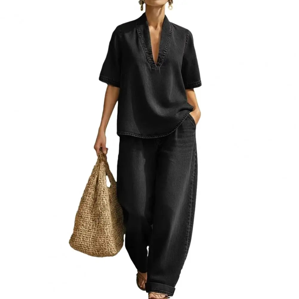 Women's Summer Denim 2 Piece Set Short Sleeve Lapel V Neck Top Wide Leg Pants Casual Vacation Tracksuit Outfits