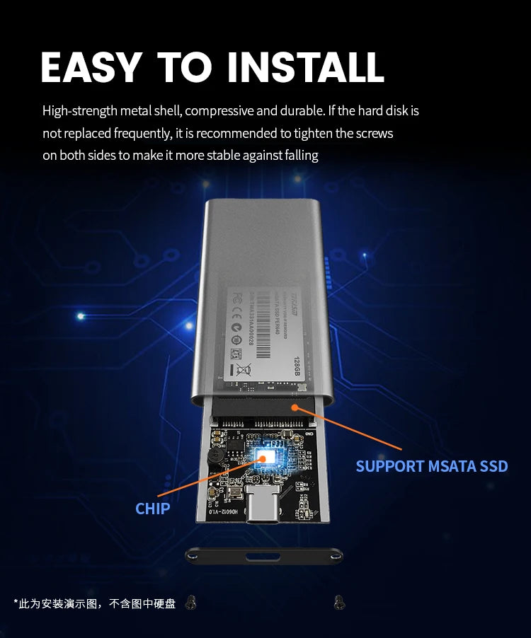 mSATA to USB 3.1 SSD Enclosure Adapter Case with USB Type C Interface for 30*50mm/30*25mm mSATA Internal Solid State Hard Drive