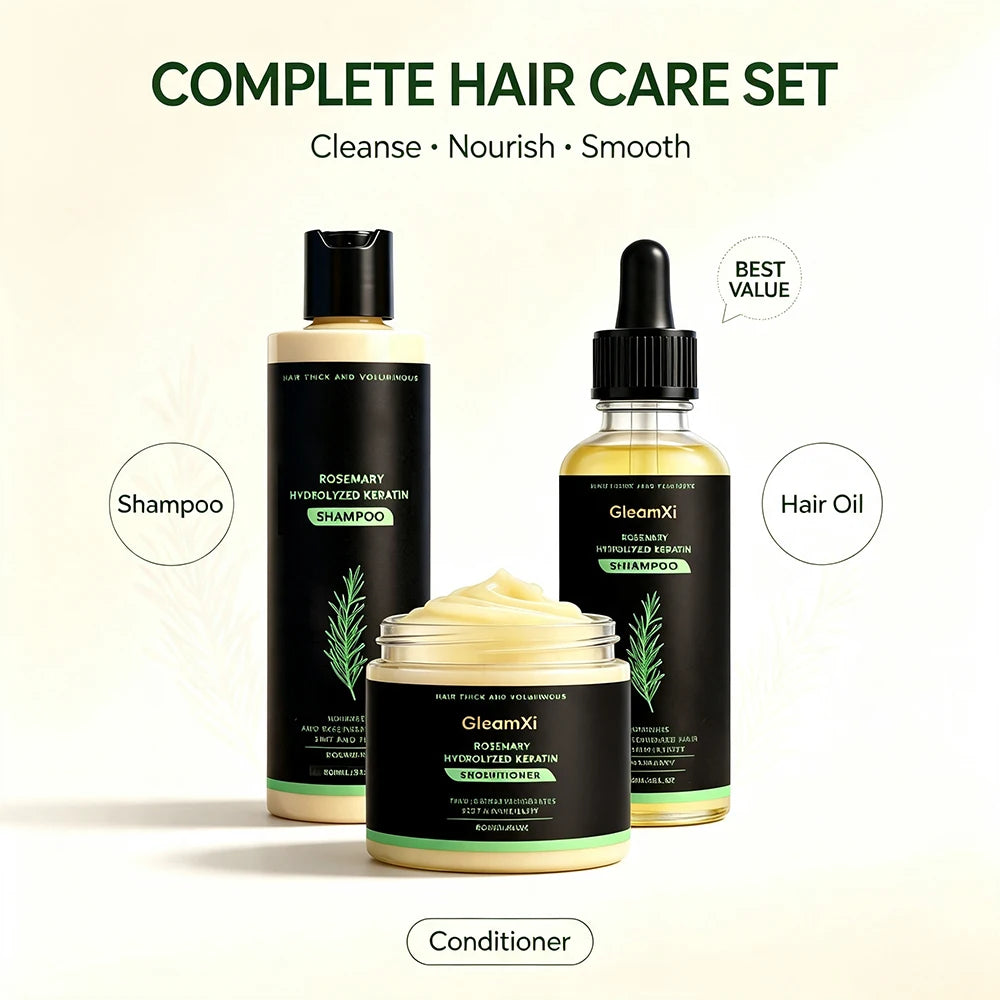 3pcs Rosemary Hair Care Set Shampoo Conditioner Oil Nourishing Smoothing Hydrating Silky Shine Daily Use