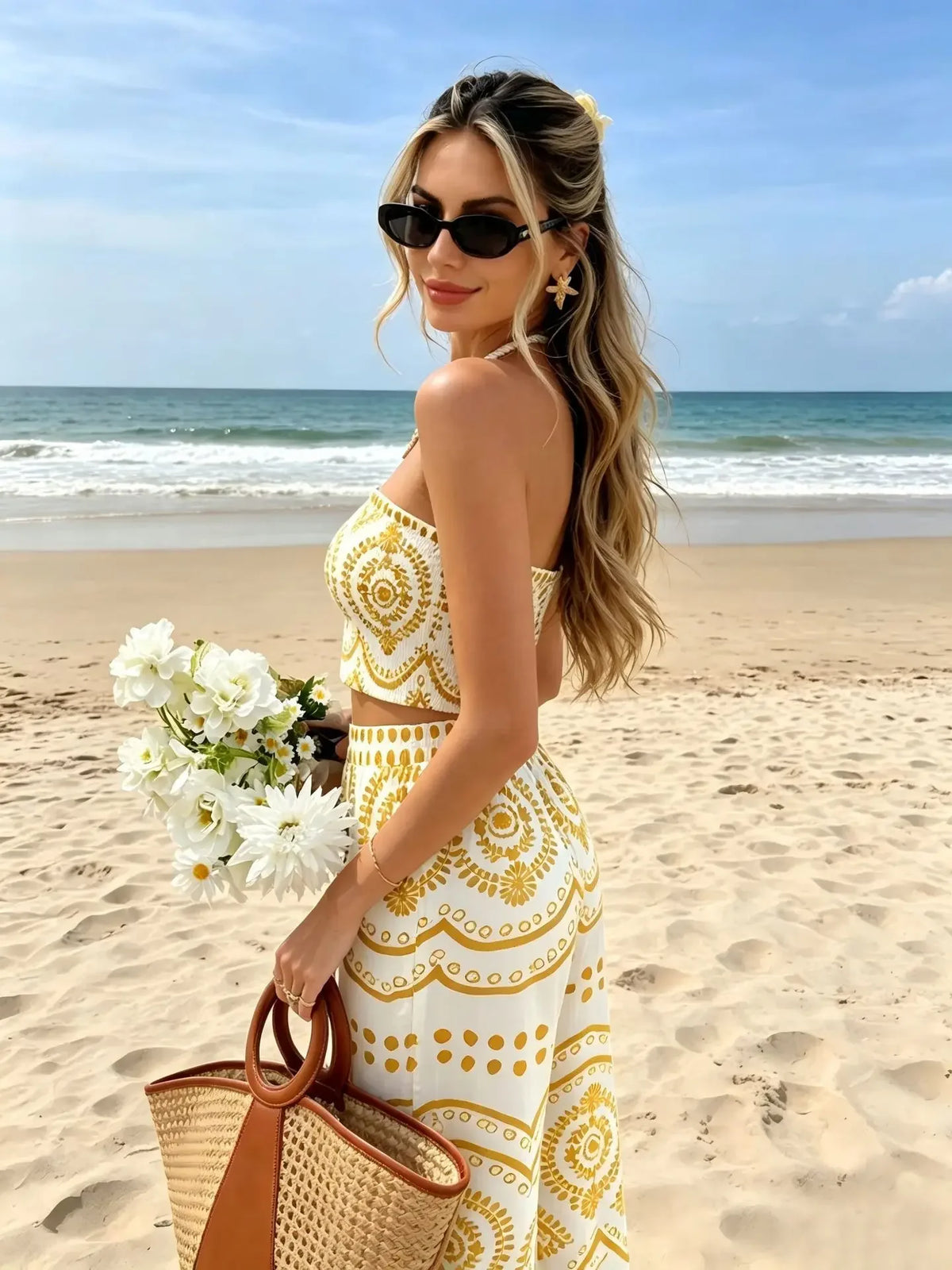 New Bohemian Vacation Plant Print Bandeau Wide Leg Pants, Fashion Two Piece Outfit