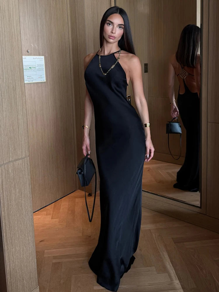 Nibber Sleeveless Halter Satin Dress Women Metal Buckle Elegant Patchwork Fashion Classic Evening Party Backless Long Bodycon