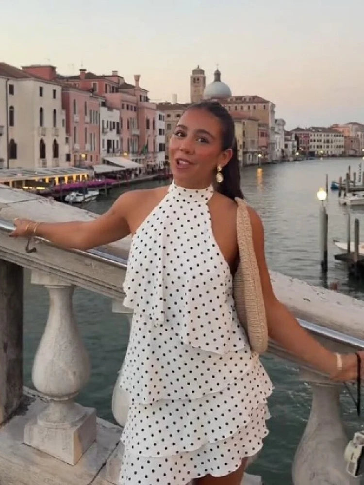 Sweet Chic Polka Dot Mini Dress Vintage Halter Neck Ruffle Tiered Layered Women Dresses Summer Vacation Party Stylish Streetwear