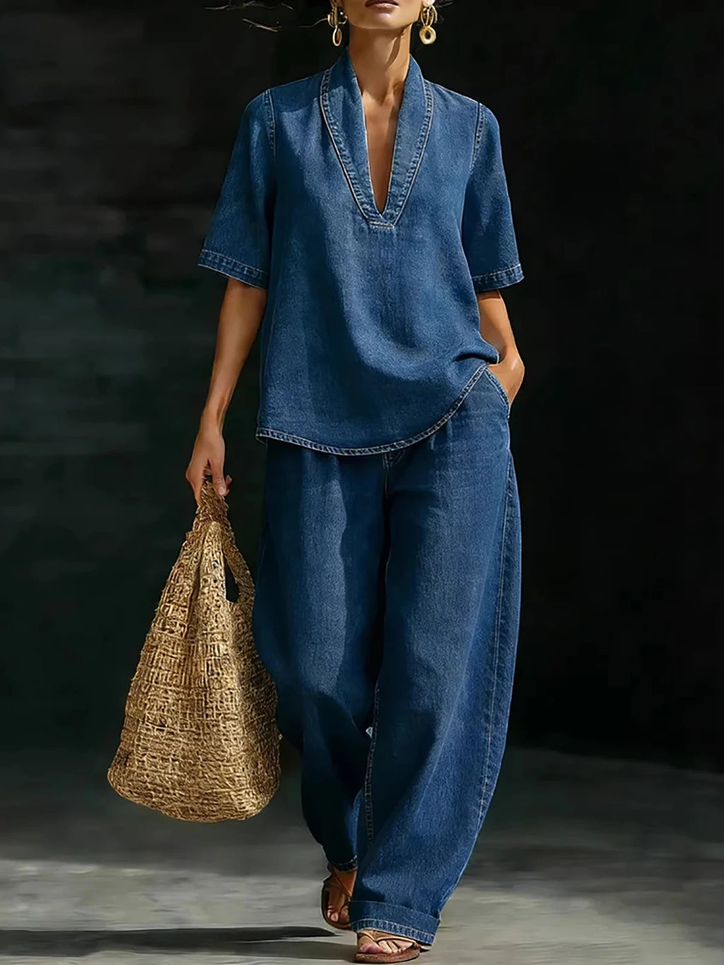 Women Denim Two Piece Set V Neck Half Sleeve Top T-Shirt Loose Wide Leg Pants Casual Outfit Streetwear Fashion Summer Suit Sets