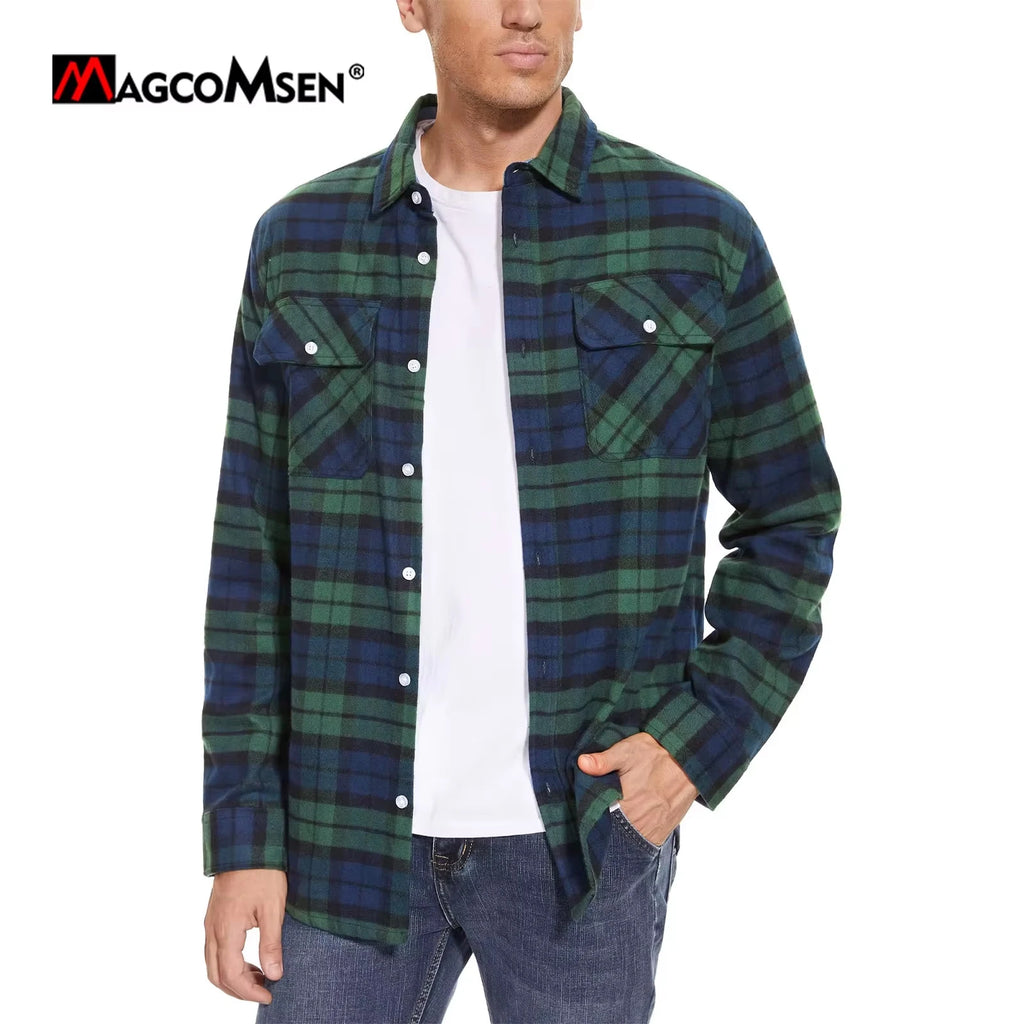 MAGCOMSEN Autumn Windproof Men's Flannel Shirt Warm Long Sleeve Casual Plaid Shirts with Two Chest Pockets