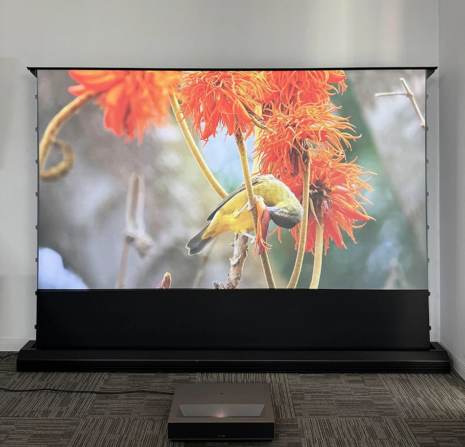 Motorized Floor Rising CLR Projection Screen Tab Tension 92 100 Inch Ambient Light Rejecting Electric for UST Projectors 3D 8K