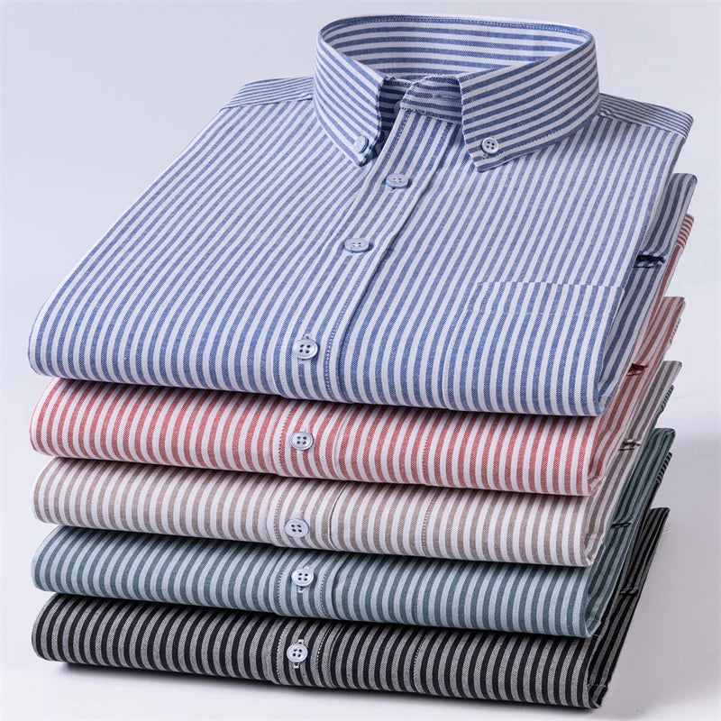 New Cotton Oxford Men's Shirts Long Sleeves Stripe Thin Soft Regular Fit Formal Dress Shirt Pocket Social Blouse Male Clothes