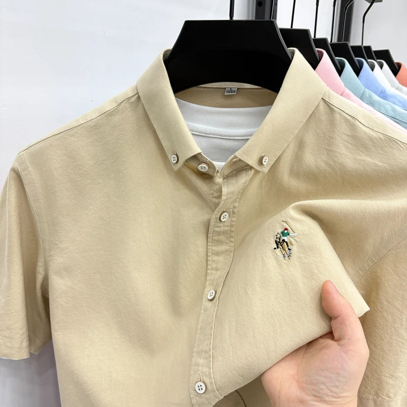 Short Sleeved Shirt Men's Summer New Item Pure Cotton High-end Brand Little Horse Logo Embroidered Casual Shirt