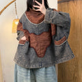 Spring Autumn New Arts Style Women Batwing Sleeve Turtleneck Pullovers Cotton Denim Vintage Patchwork Loose Hoodie Coat TH139