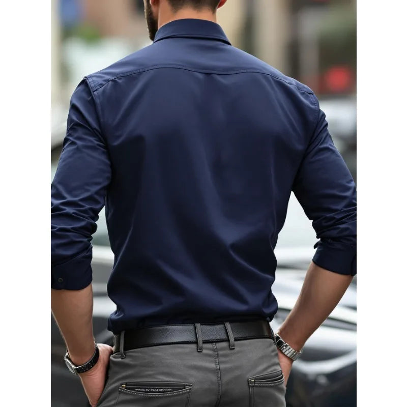 FGKKS New Men Shirts Fashion Quality Long Sleeve Casual Solid Color Elastic Male Business Shirt