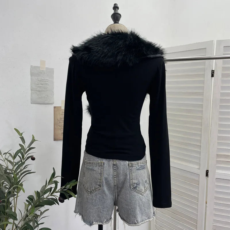 ISAROSE Big Artificial Fur Collar T-shirt for Women Y2K Solid Color V Neck Spring Autumn Sanded Fabric Lining Short Slim Tops