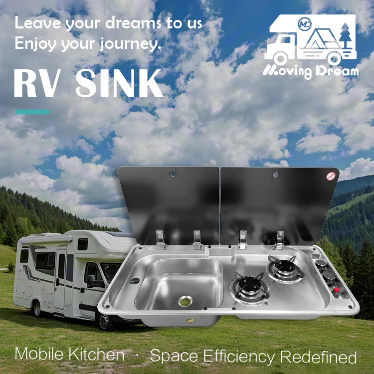 JDA 304 Stainless Steel RV Sink With Dual-Burner Gas Stove Combo Built-in Camper Van, Caravan & Motorhome Kitchen Unit