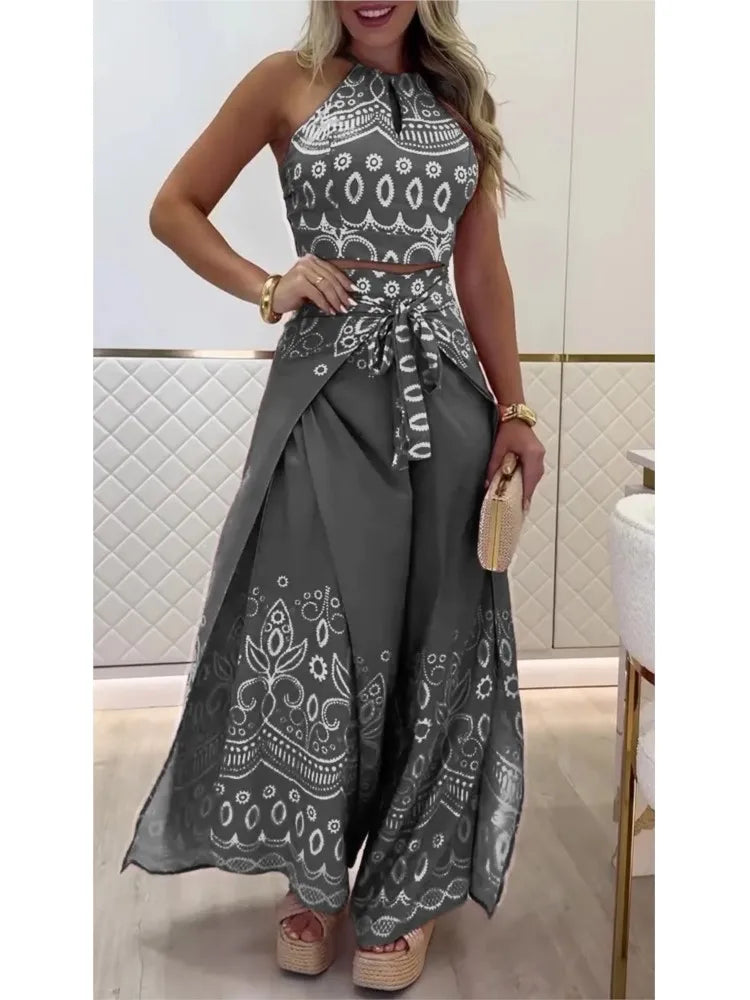 Summer New Fashion Printed Casual Loose Suit Literary Retro Sleeveless Halter Top Wide-leg Pants Commuting Two-piece Sets